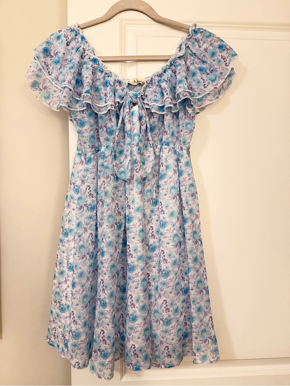Peach Love Blue Floral Ruffle Mini Dress, Size Large